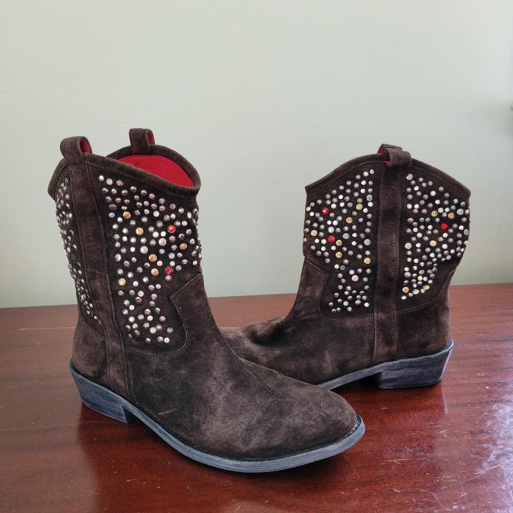 Beverly Feldman brown suede leather rhinestone vintage cowboy boot